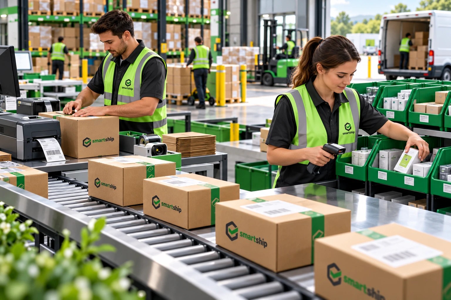 SmartShip team picking and packing orders at a multi-channel fulfilment station