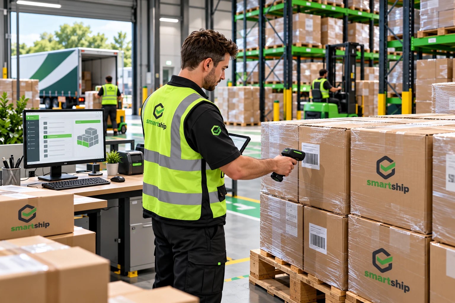 SmartShip warehouse specialist scanning incoming stock into organised storage