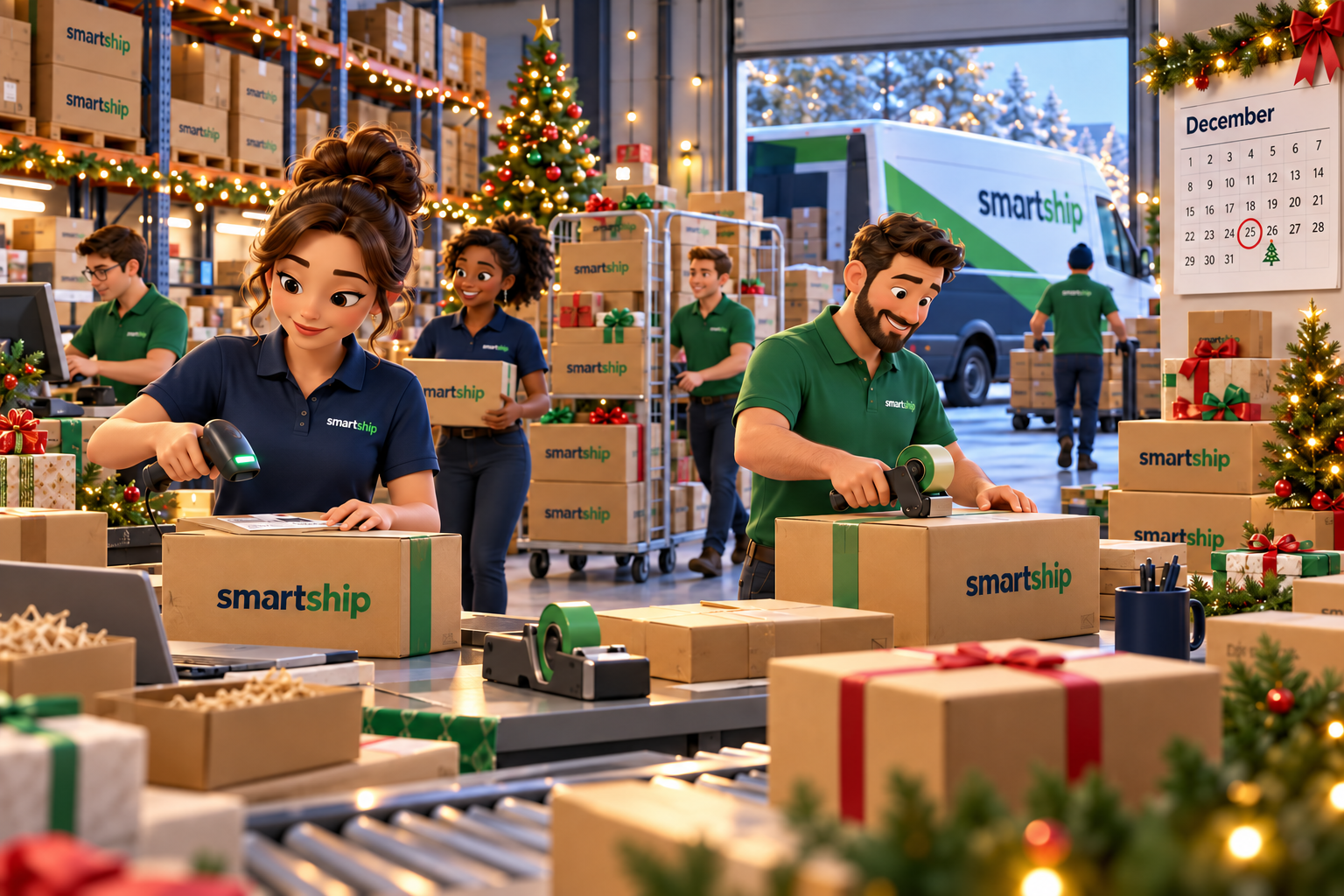 Illustration of the SmartShip team preparing Christmas orders beside wrapped gifts and festive decorations