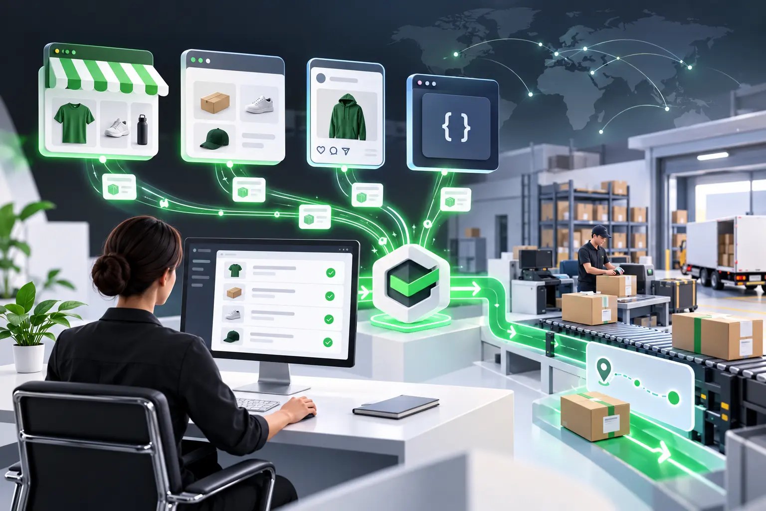 Cartoon ecommerce owner connecting an online store and order data to SmartShip fulfilment
