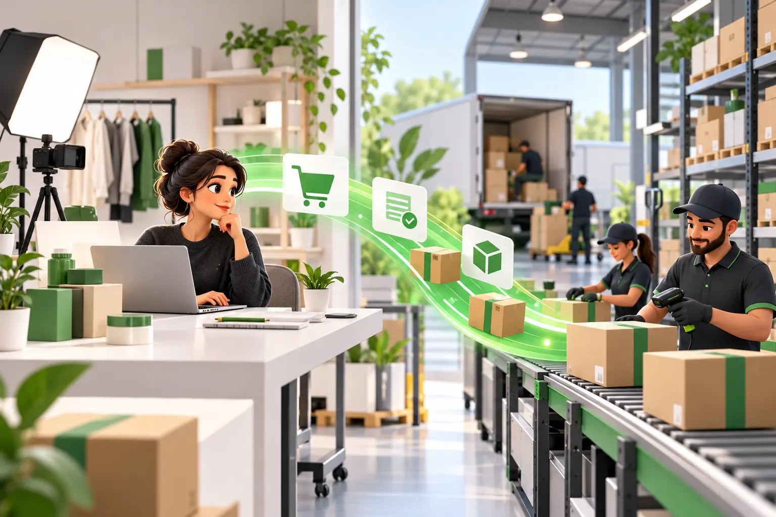 Cartoon SmartShip third-party logistics warehouse team handling branded ecommerce cartons
