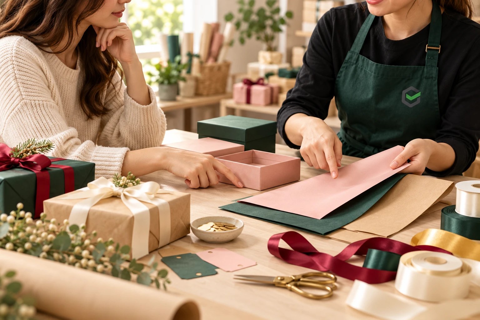 Client and specialist discussing gift wrapping materials and requirements