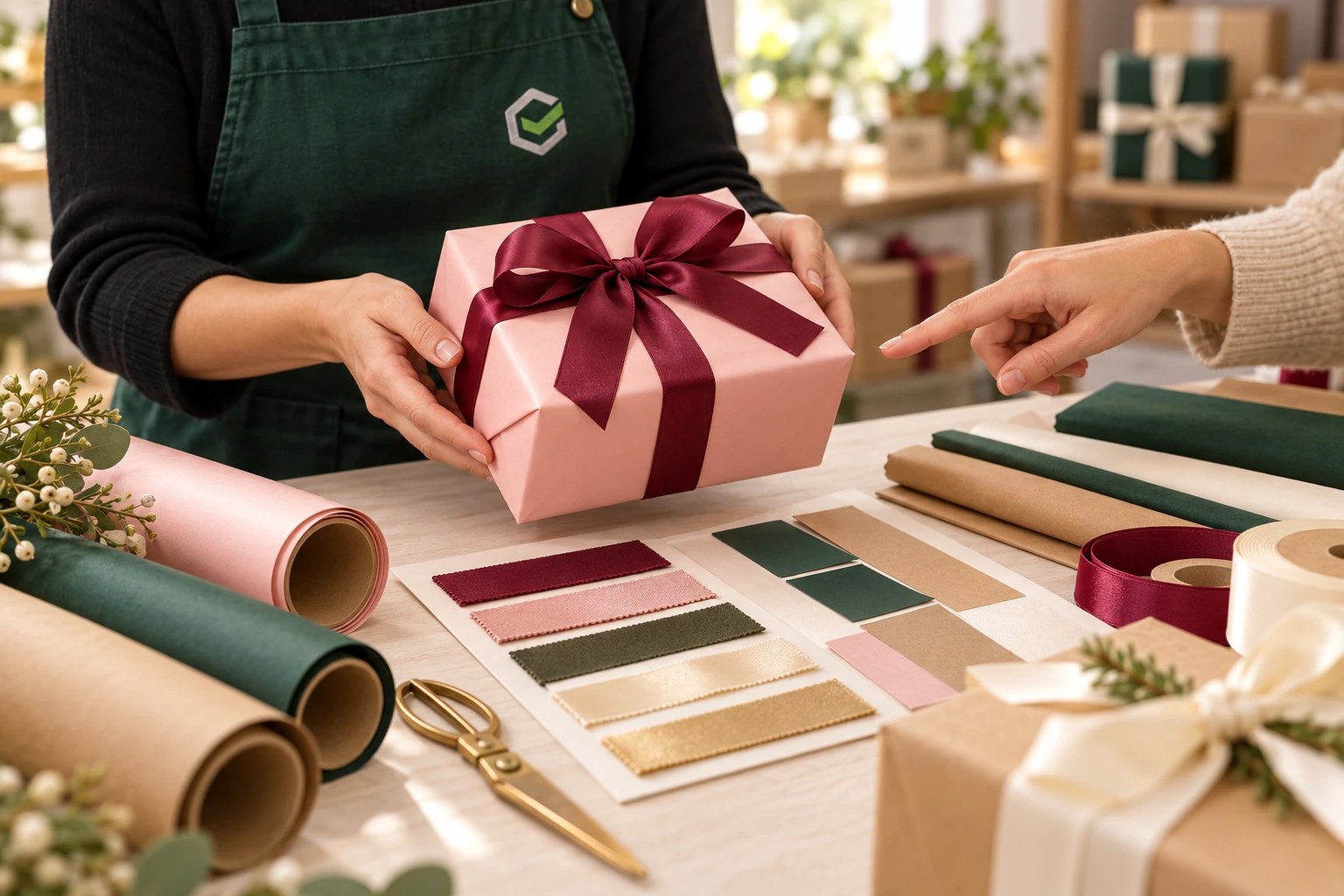Reviewing a wrapped sample and choosing paper and ribbon finishes
