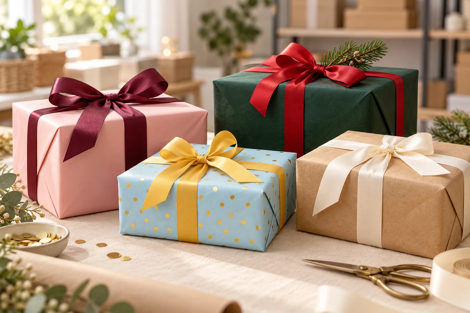 Romantic pink, colourful birthday, festive Christmas and neutral kraft gift wrapping styles