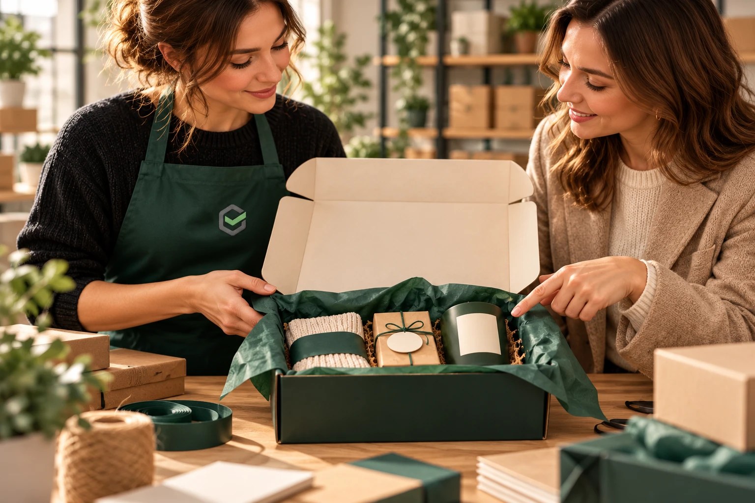 Client and SmartShip specialist reviewing an assembled sample gift box