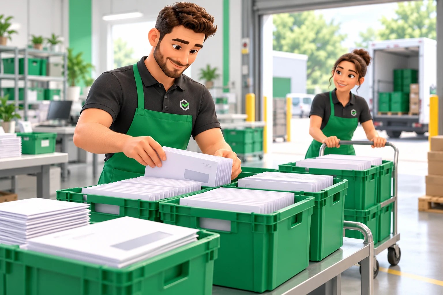 SmartShip specialist preparing completed mail in postal trays for dispatch