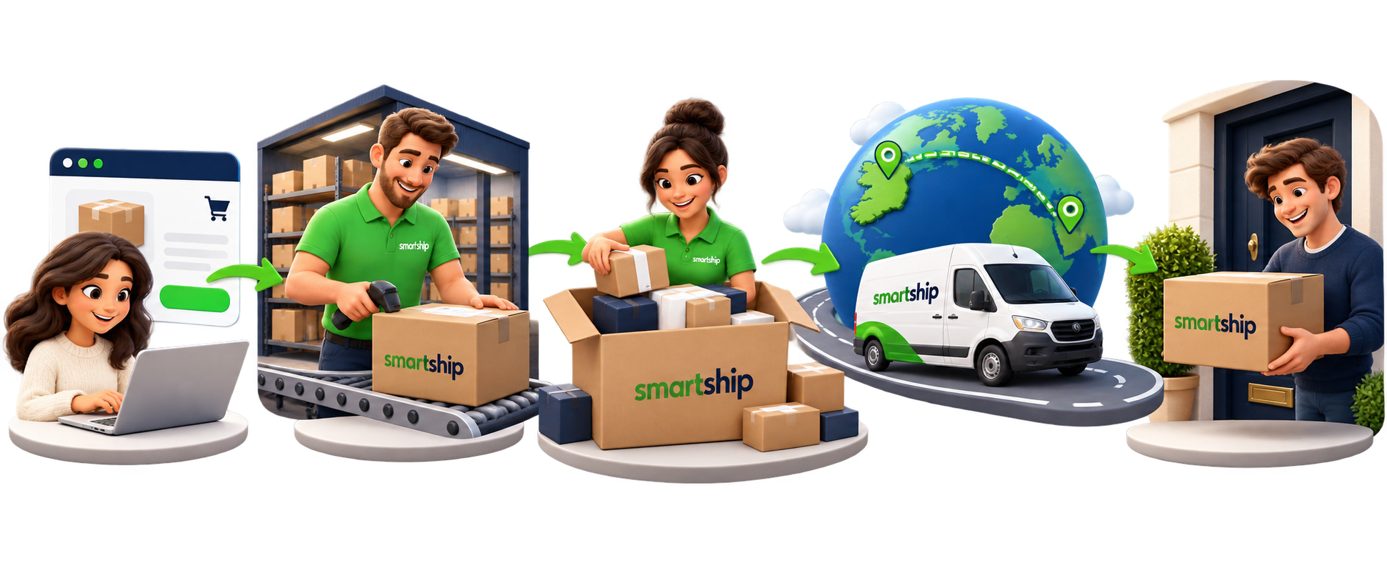 Five-step SmartShip parcel journey from online checkout through the Irish warehouse and international delivery to the customer's doorstep
