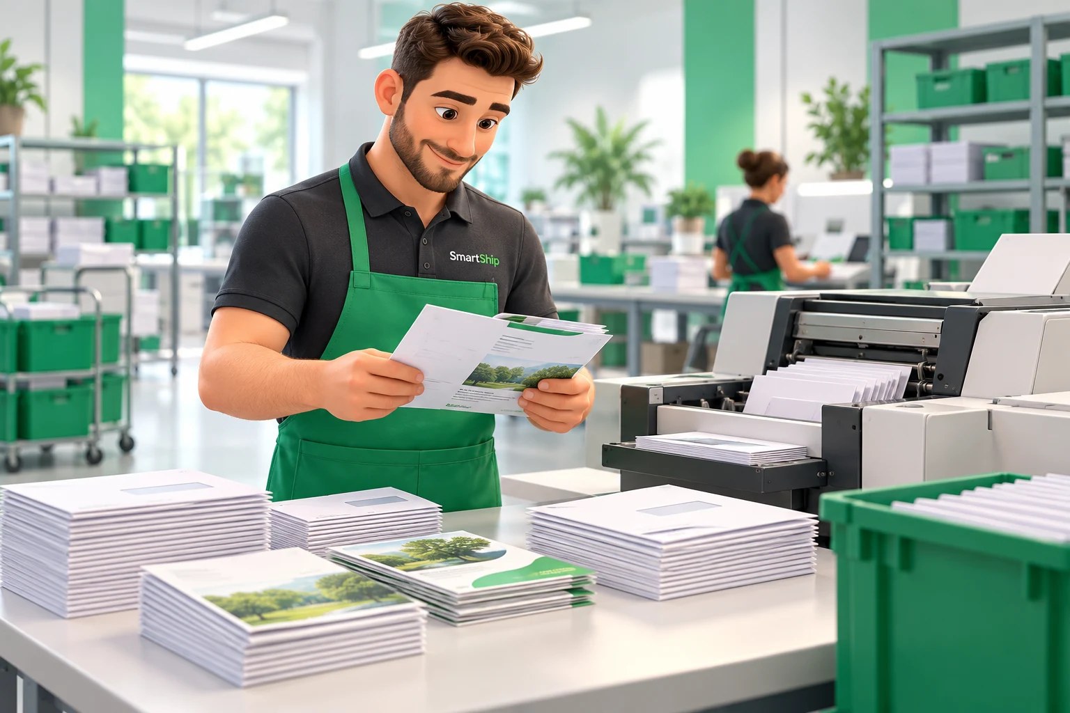 Illustration of a mail fulfilment specialist preparing letters, brochures and envelopes