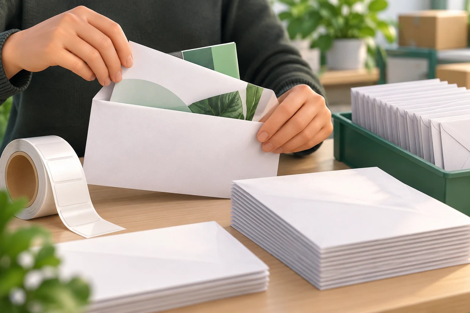 Illustration showing a folded letter and brochure being inserted into an envelope