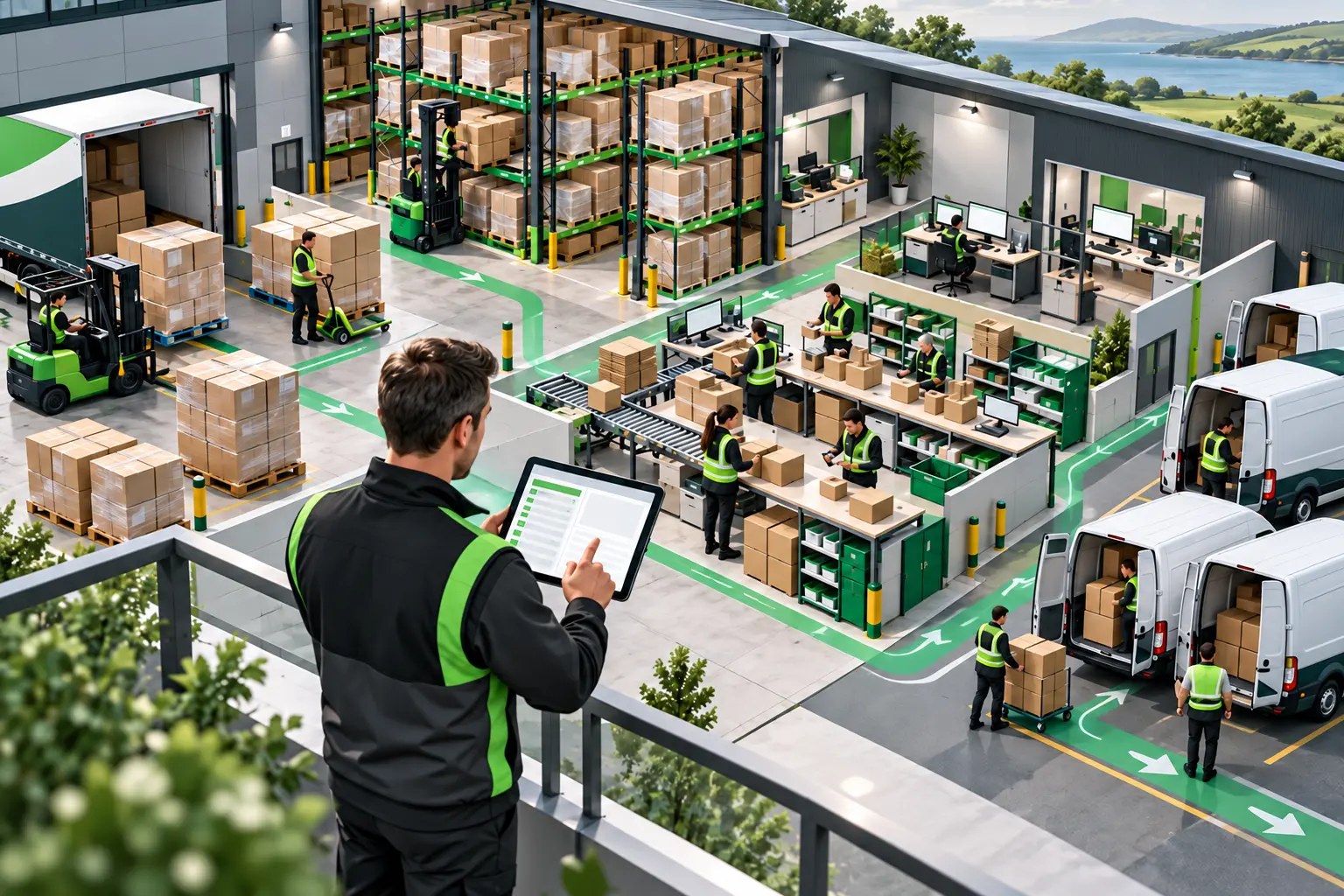 Illustration of organised boxes, shelving and pallet storage in a fulfilment warehouse
