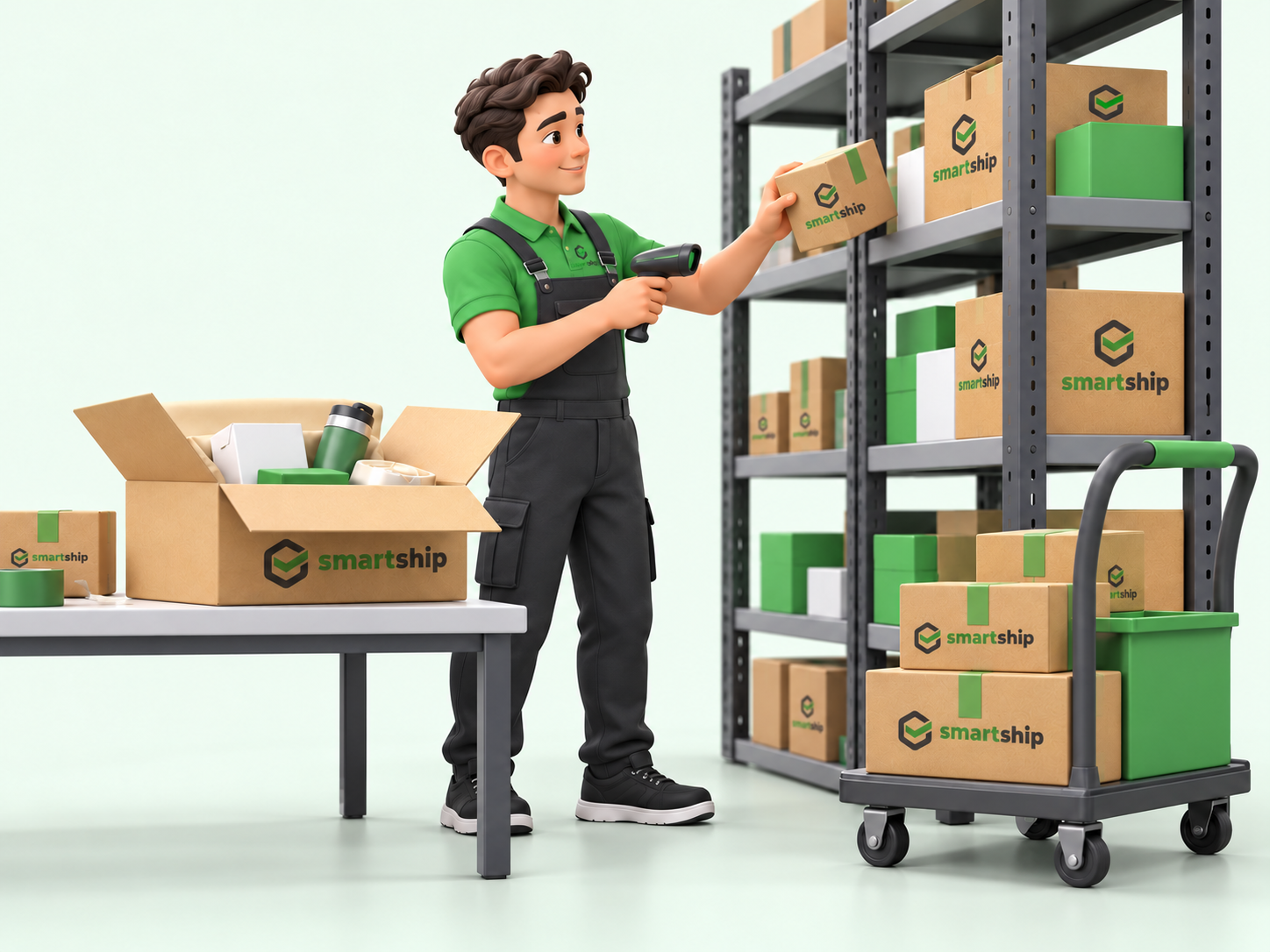 SmartShip warehouse specialist picking and packing an online order