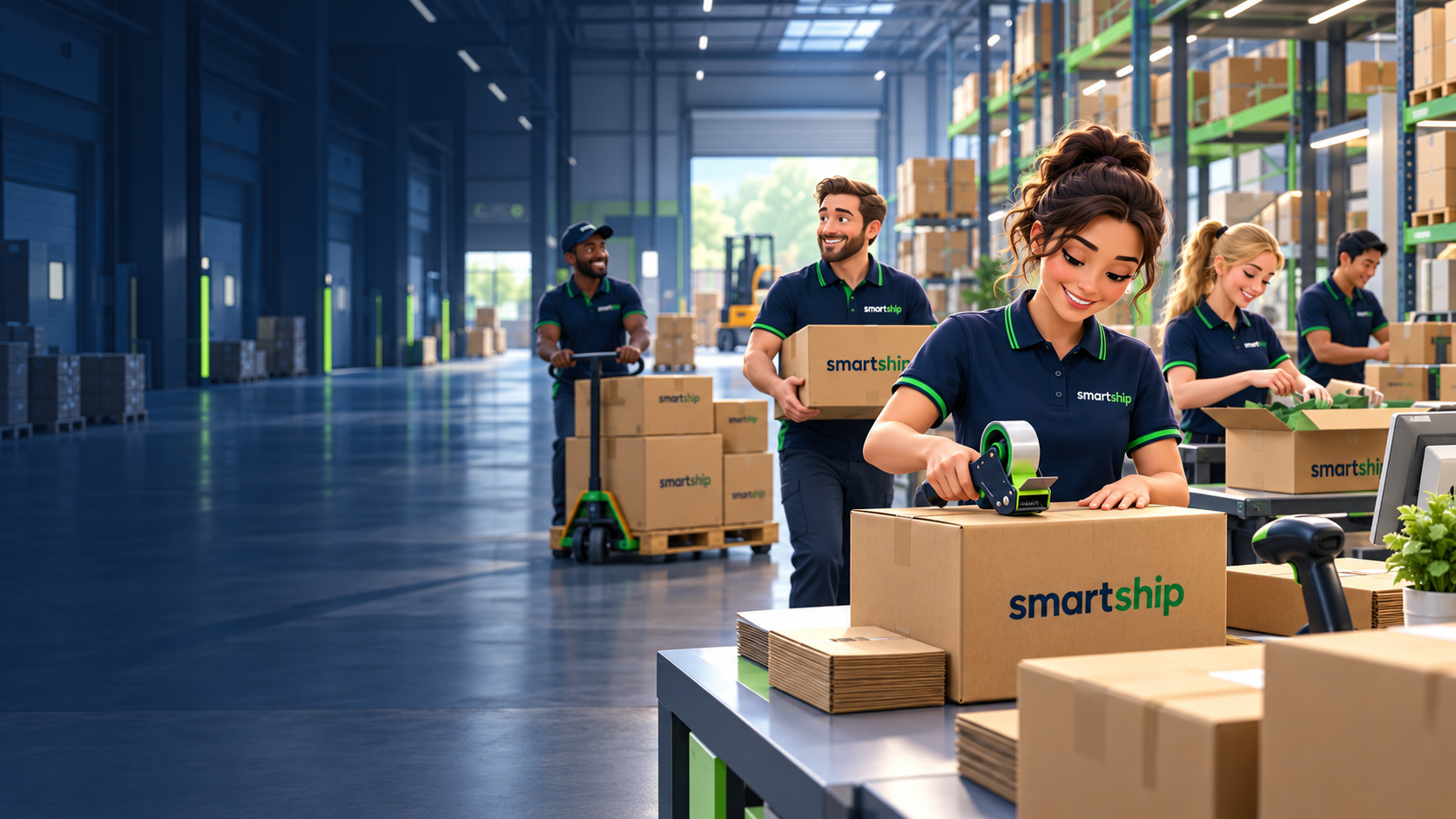 Cartoon SmartShip fulfilment warehouse team packing ecommerce orders for dispatch